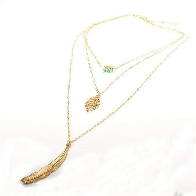 Turquoise Stone Feather Necklace - 3 Layer, 17.5-27.5 Lengths, Zinc Alloy"