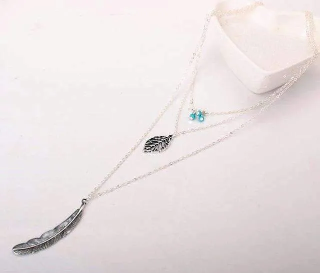 Turquoise Stone Feather Necklace - 3 Layer, 17.5-27.5 Lengths, Zinc Alloy"