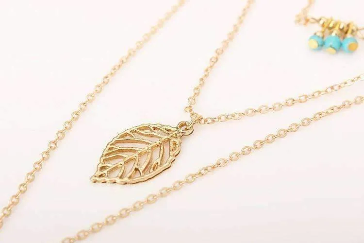 Turquoise Stone Feather Necklace - 3 Layer, 17.5-27.5 Lengths, Zinc Alloy"