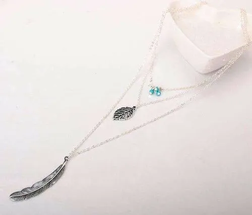 Turquoise Stone Feather Necklace - 3 Layer, 17.5-27.5 Lengths, Zinc Alloy"