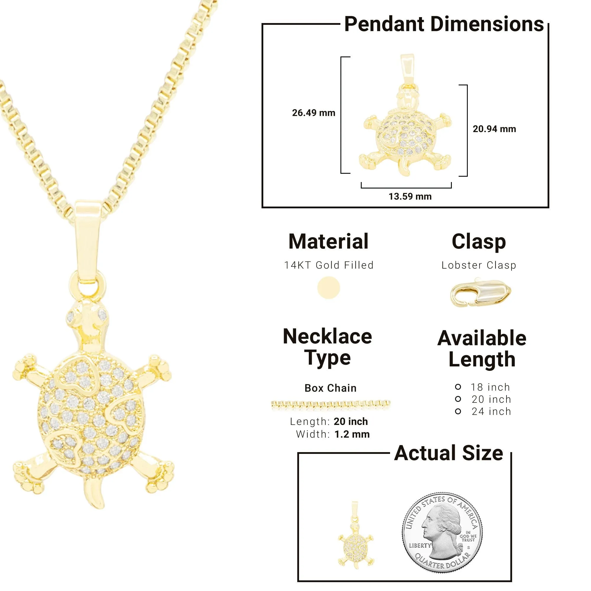 Turtle Cubic Zirconia Pendant With Necklace Set 14K Gold Filled