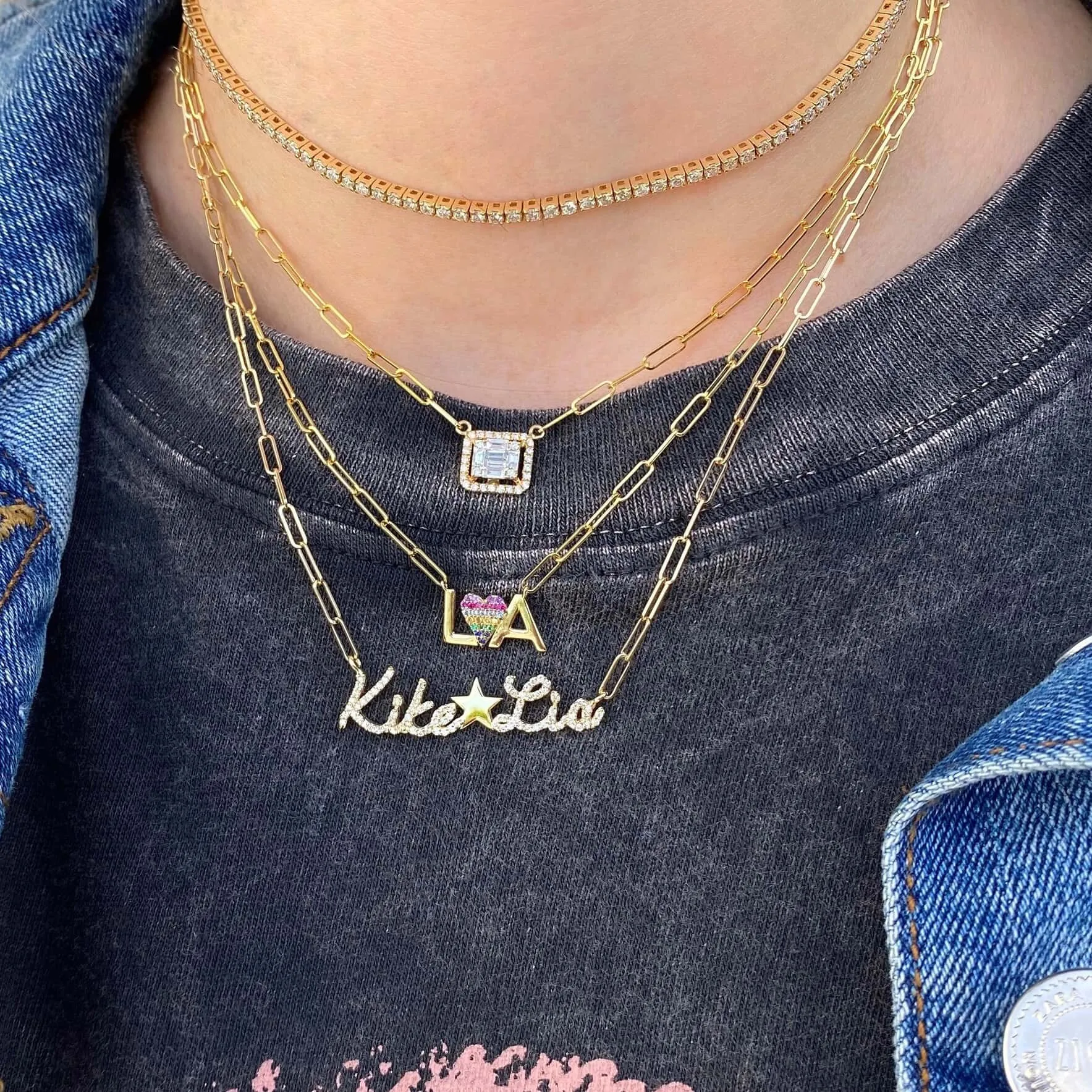 Two Pave Names Gold Charm Necklace