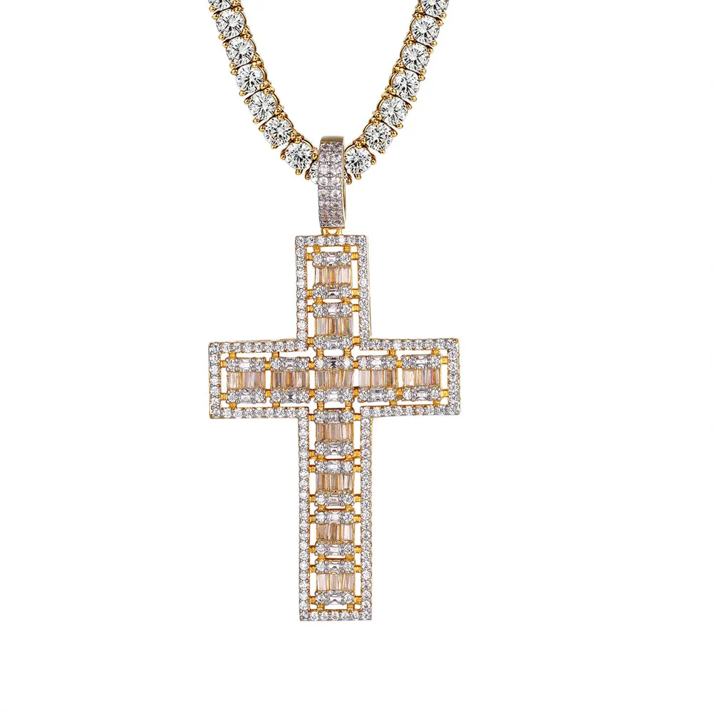 Two Row Baguette Cross 14k Gold Tone Icy Micro Pave Pendant Jesus