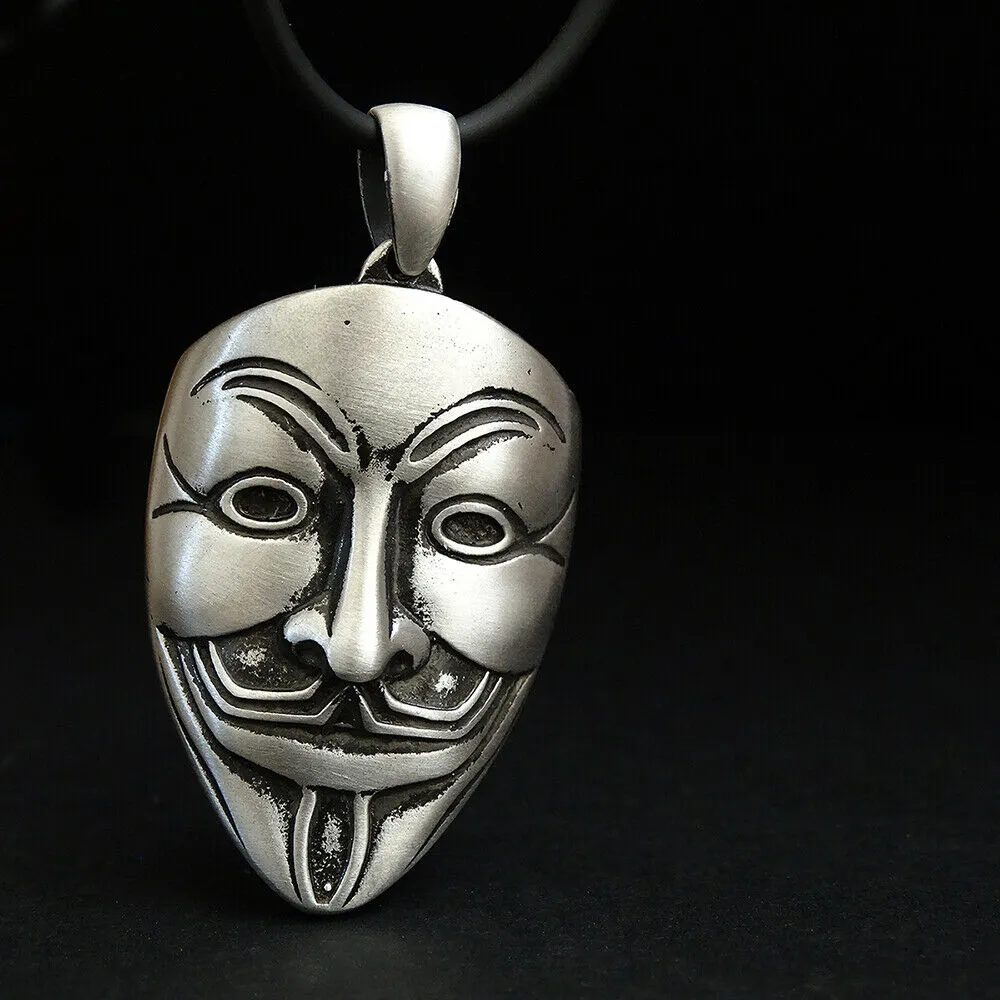 Vendetta Anonymous Mask HEAVY 15 gr Solid 925 Silver Chunky Necklace Man Gift