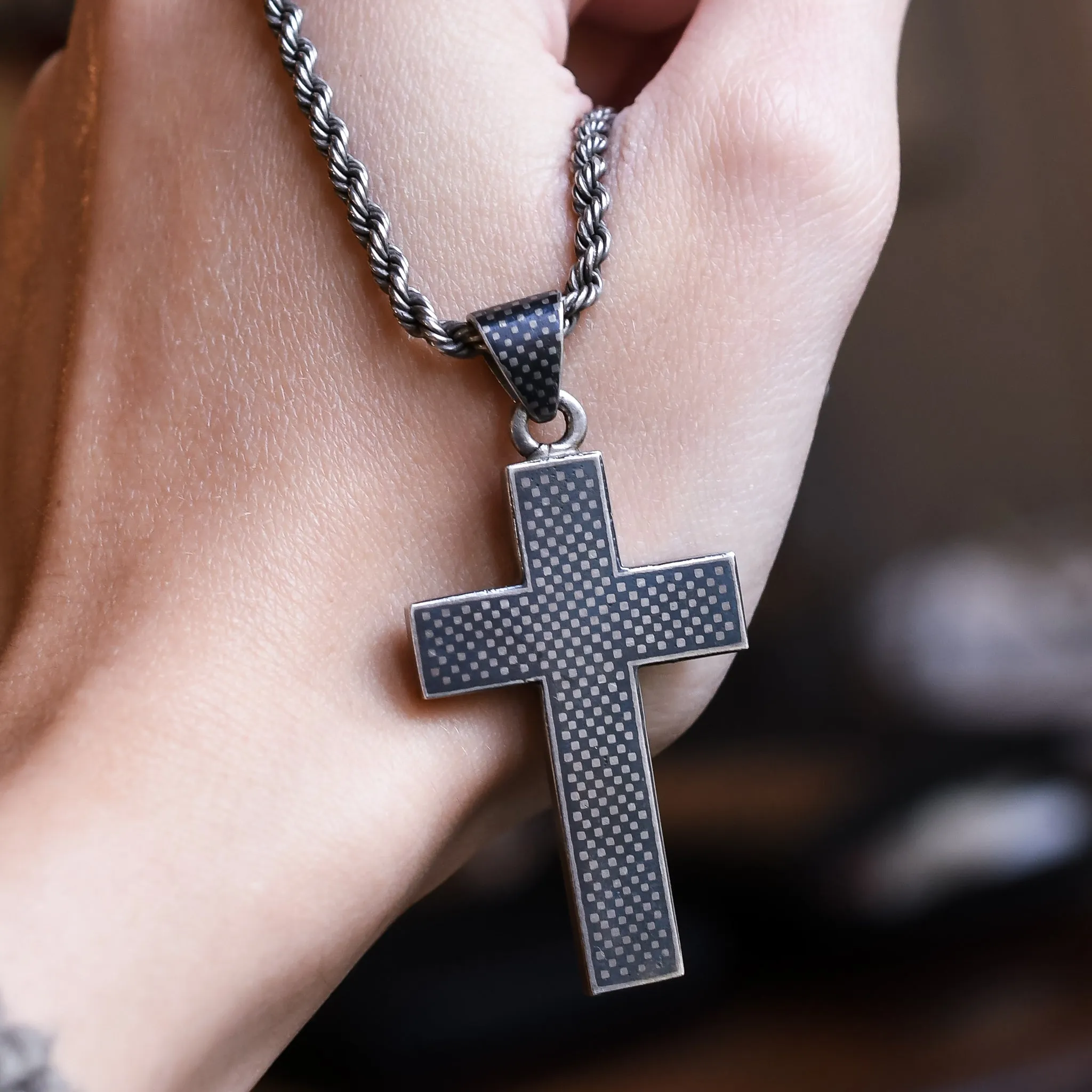 Victorian Niello Cross Pendant & Silver Chain