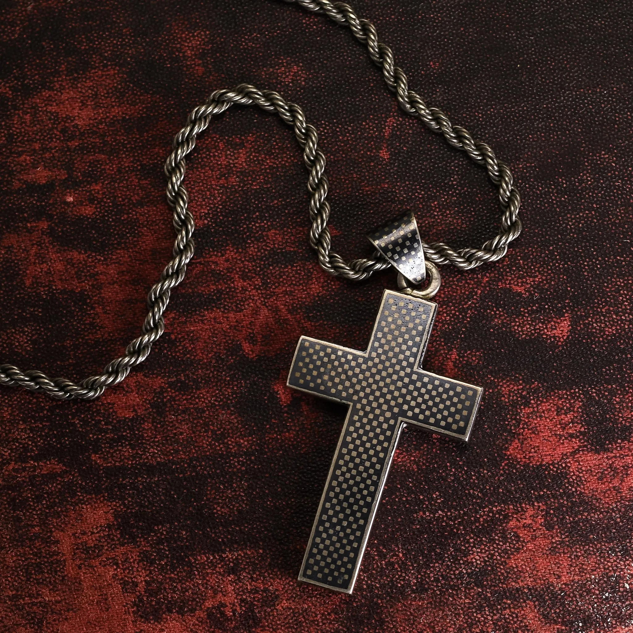 Victorian Niello Cross Pendant & Silver Chain