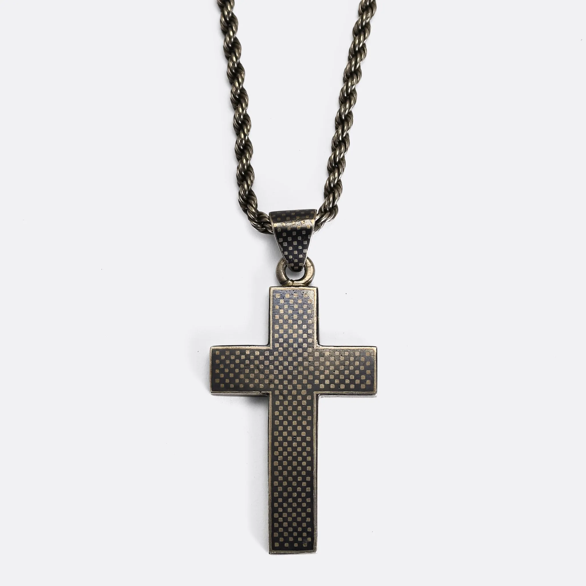 Victorian Niello Cross Pendant & Silver Chain