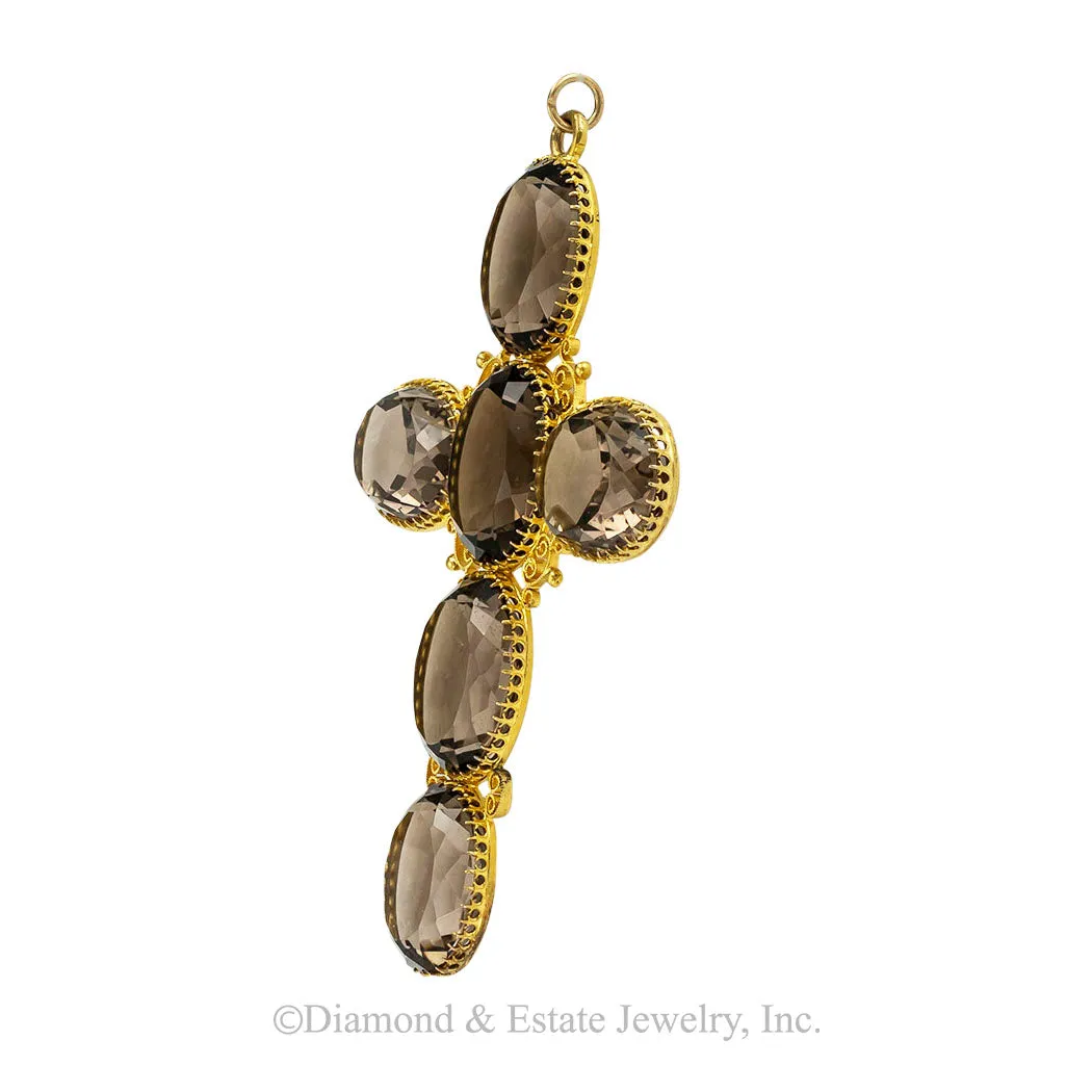 Victorian Smoky Quartz Gold Cross Pendant