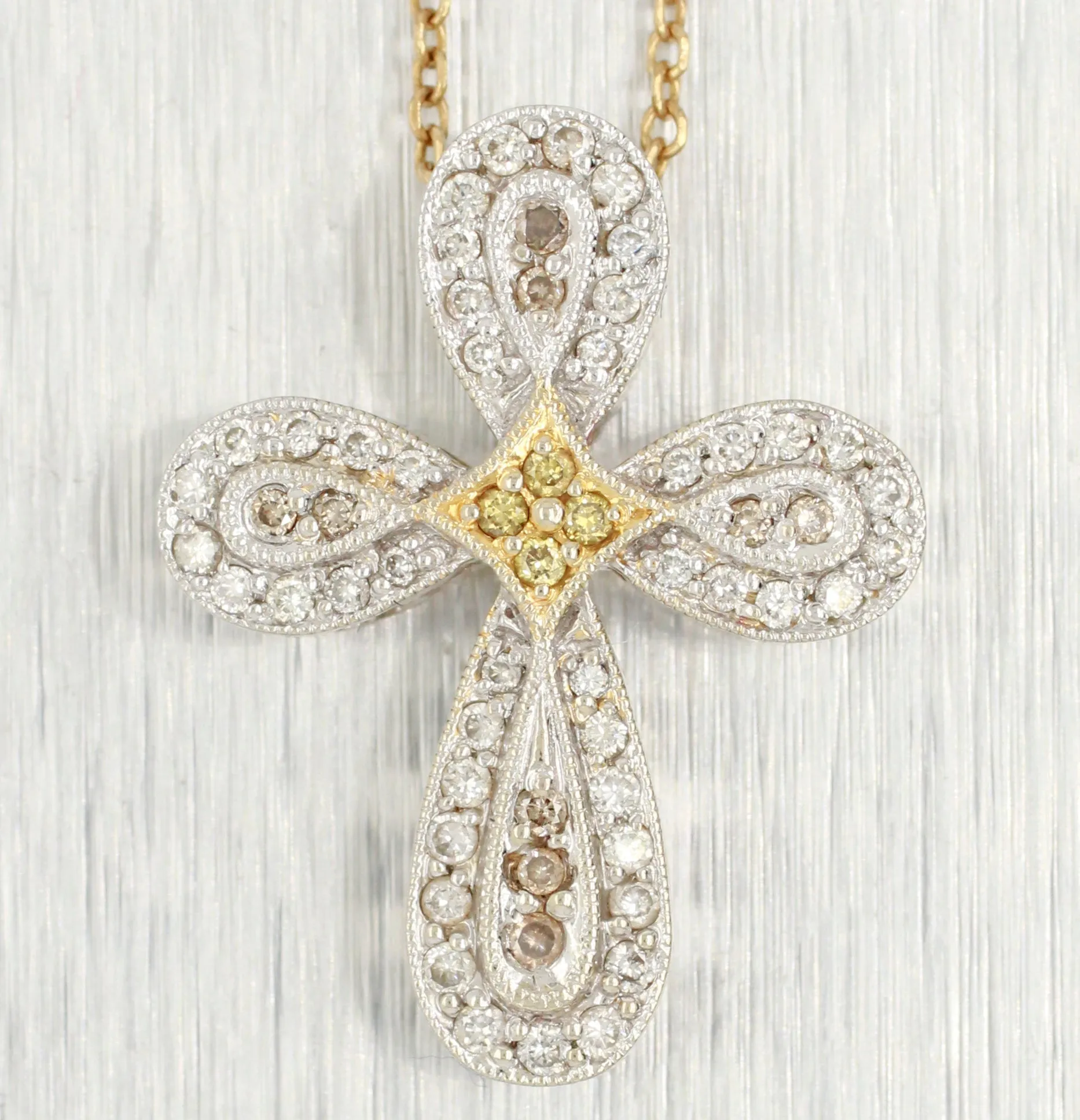 Vintage 0.30ctw Diamond Cross Pendant - 14k White & Yellow Gold - 19" Necklace