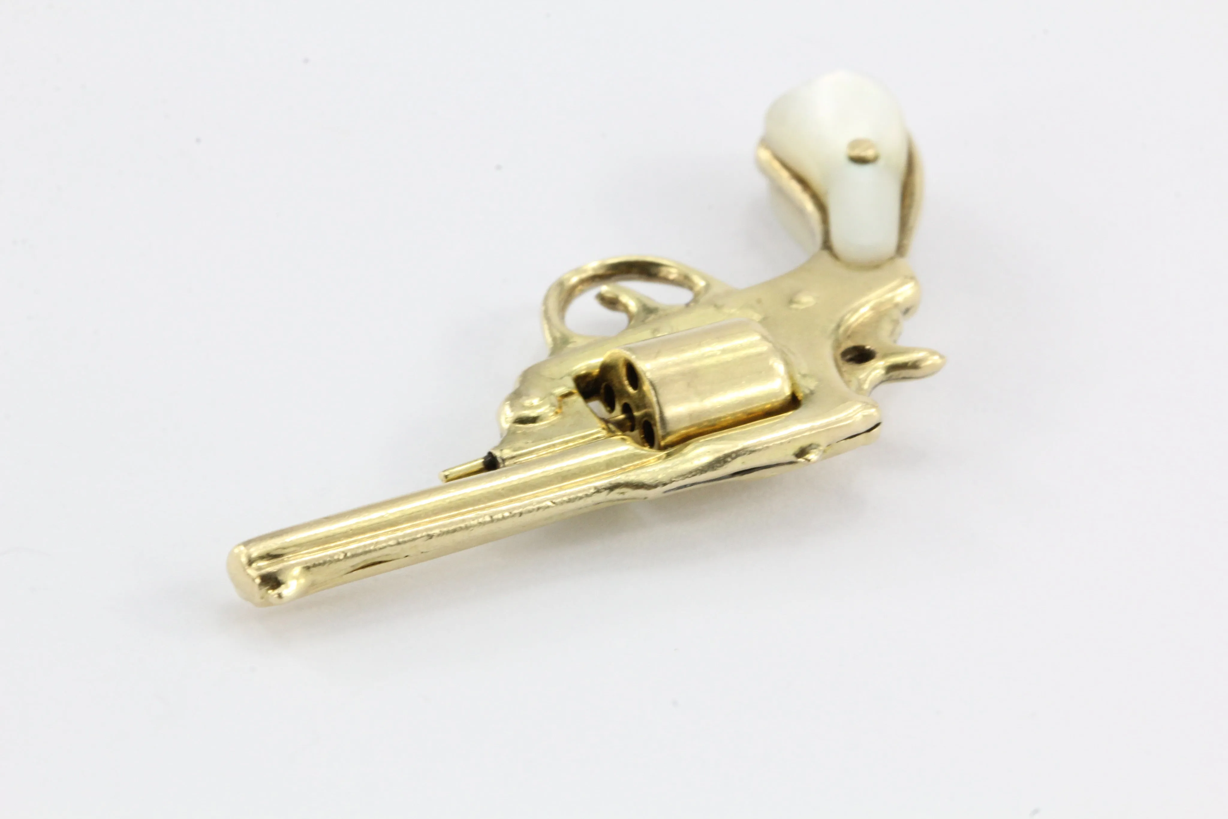 Vintage 14K Gold & Mother of Pearl Colt Revolver Gun Charm Pendant
