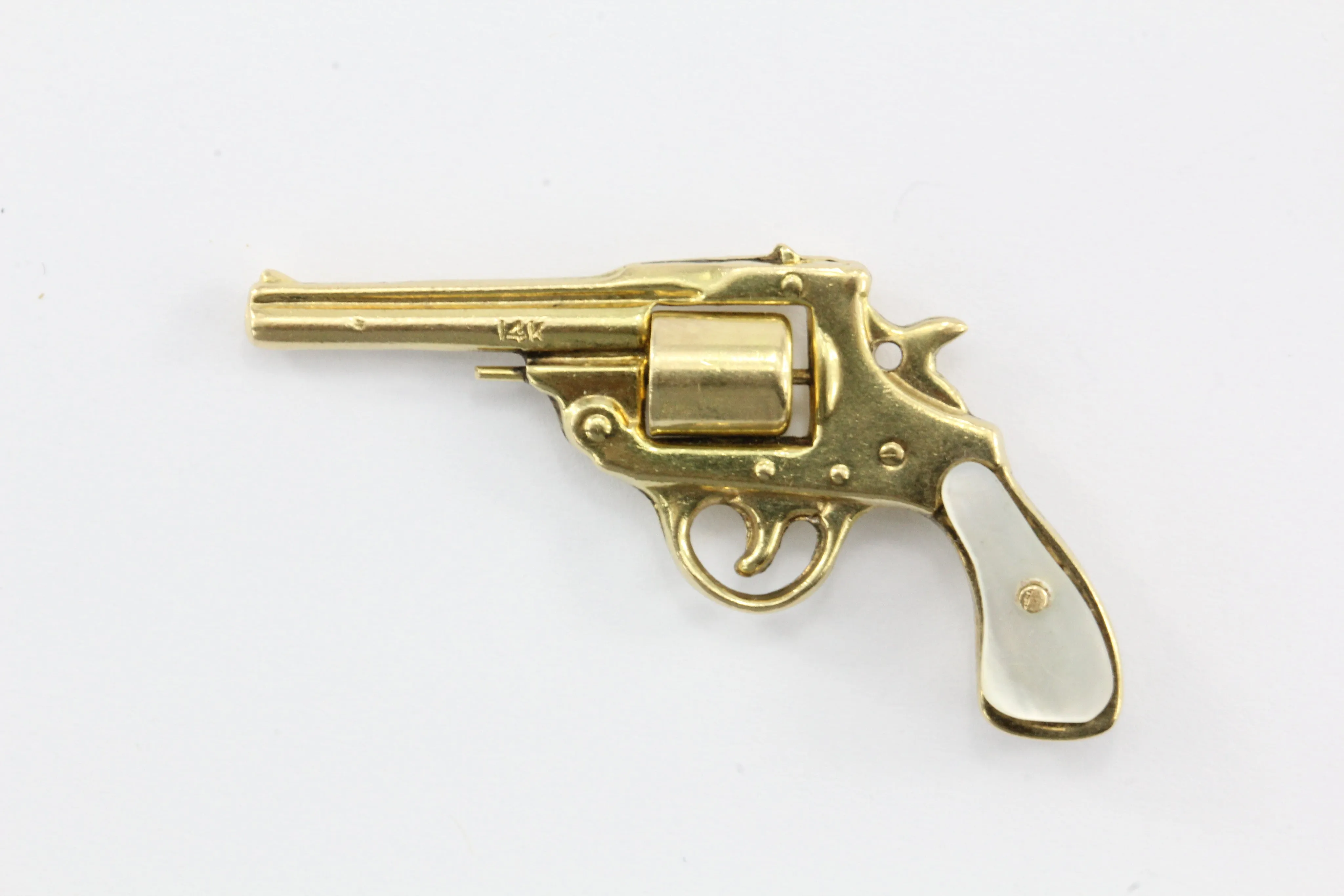 Vintage 14K Gold & Mother of Pearl Colt Revolver Gun Charm Pendant