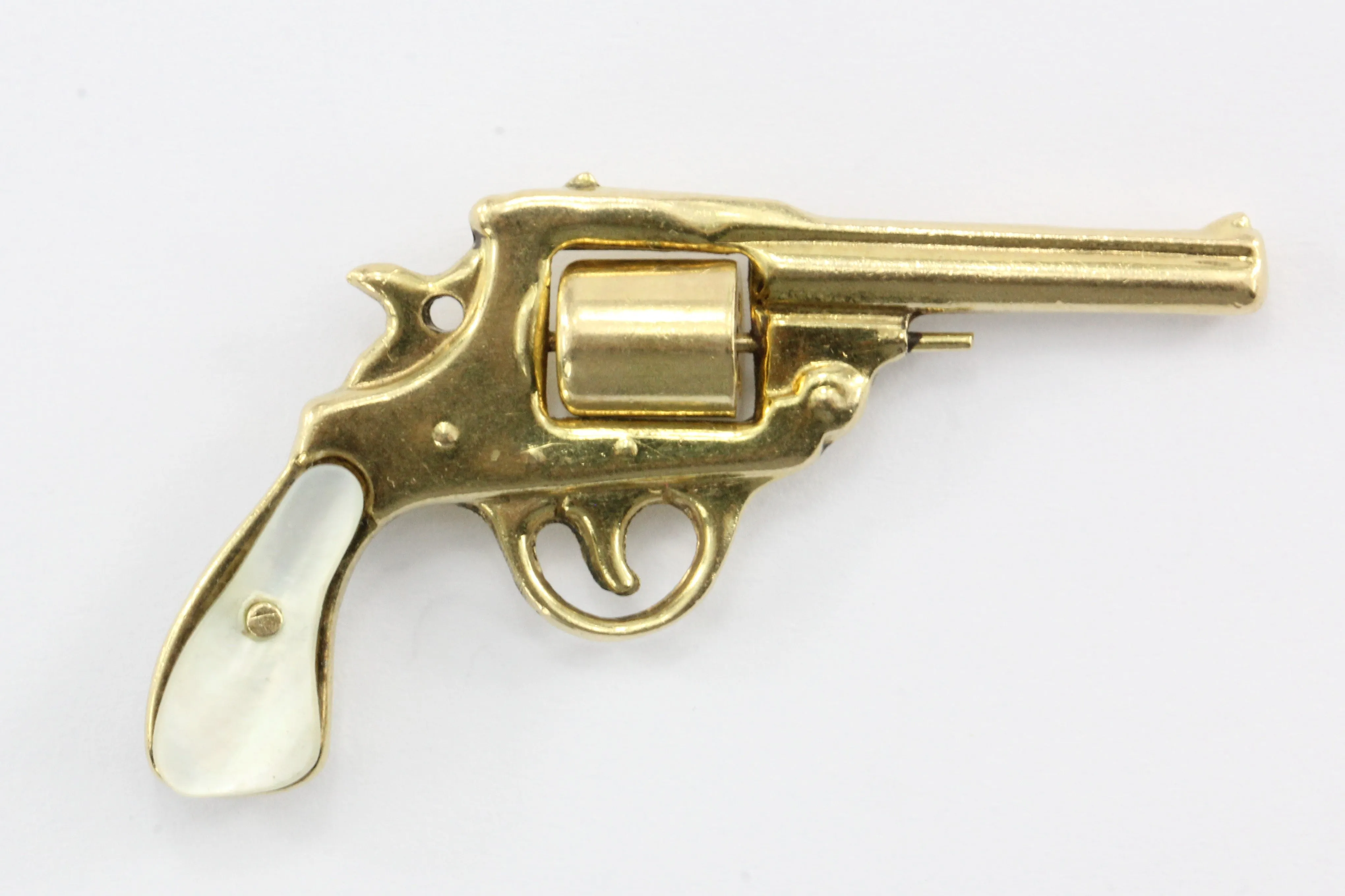 Vintage 14K Gold & Mother of Pearl Colt Revolver Gun Charm Pendant