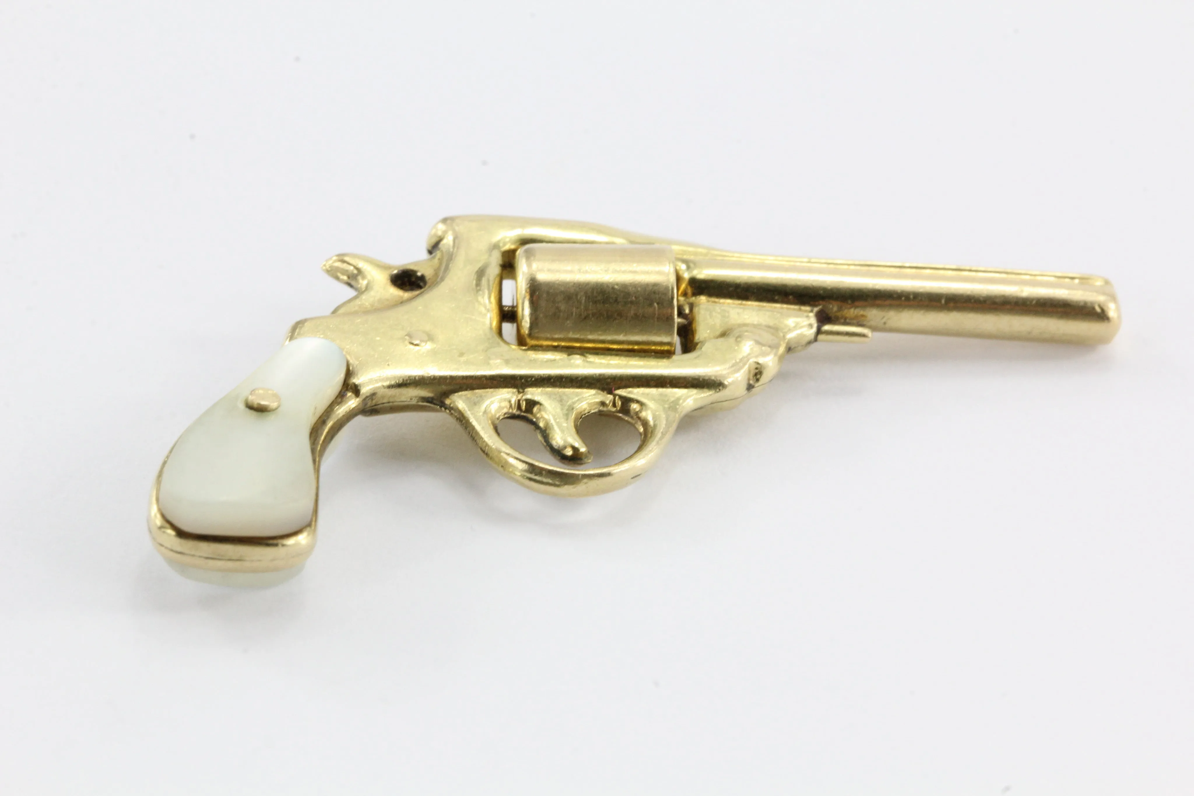 Vintage 14K Gold & Mother of Pearl Colt Revolver Gun Charm Pendant
