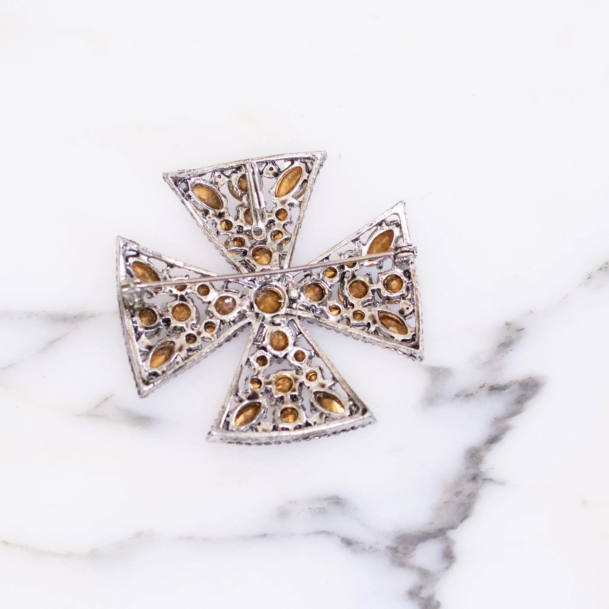 Vintage Blue, Purple, Green, Pink Rhinestone Maltese Cross Brooch