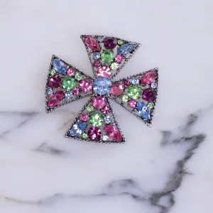 Vintage Blue, Purple, Green, Pink Rhinestone Maltese Cross Brooch