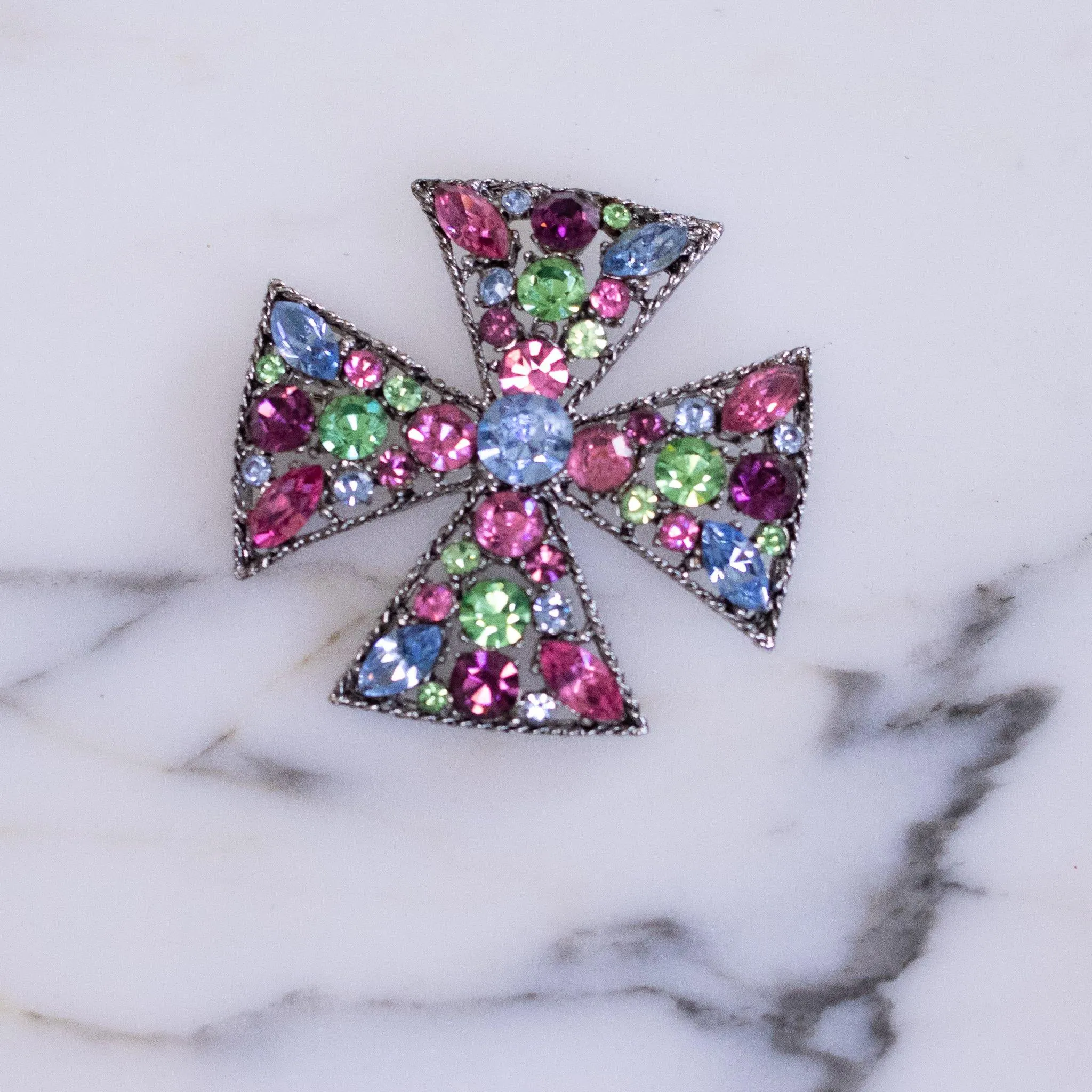 Vintage Blue, Purple, Green, Pink Rhinestone Maltese Cross Brooch