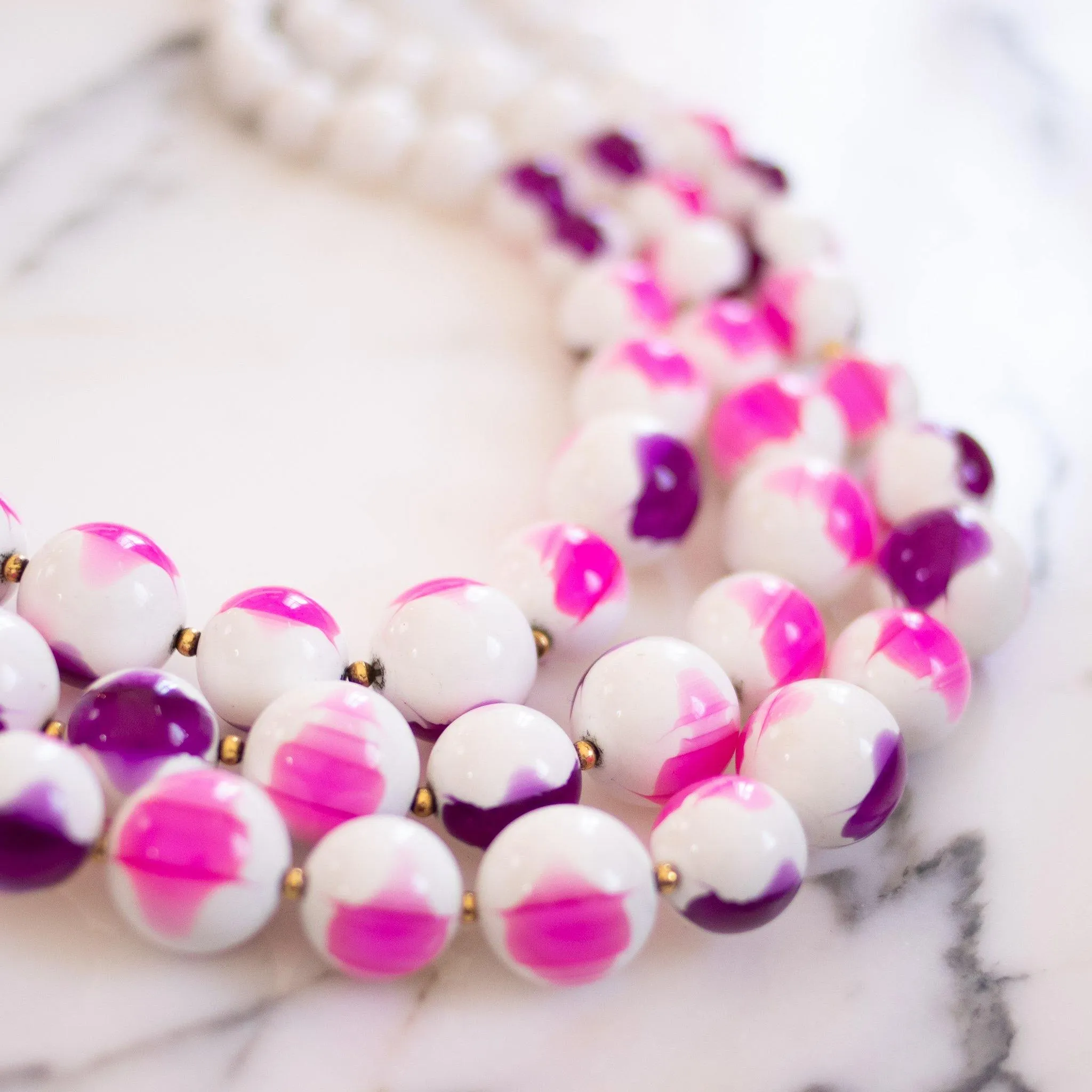 Vintage Chunky White with Pink and Purple Beaded Triple Strand Statement Necklace