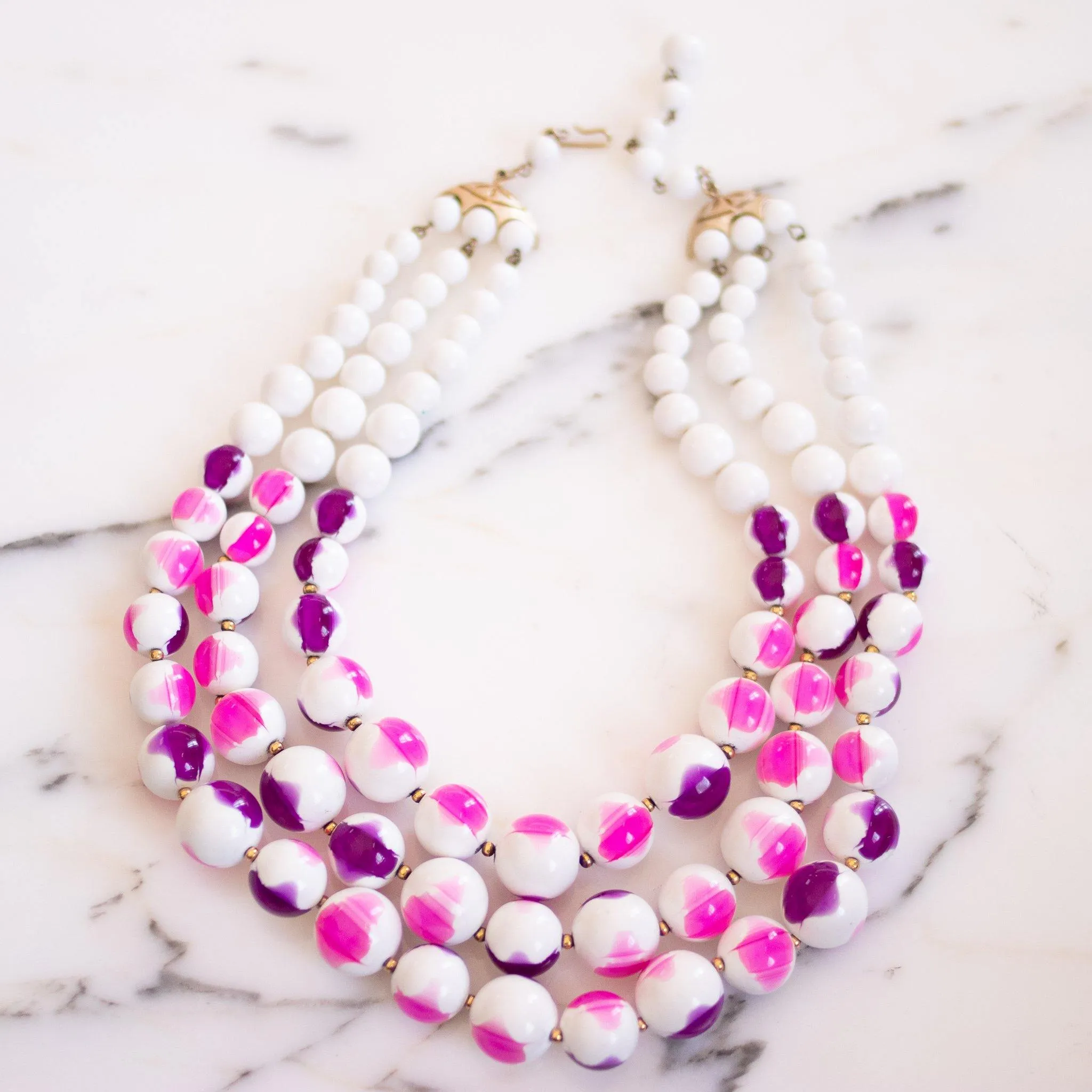 Vintage Chunky White with Pink and Purple Beaded Triple Strand Statement Necklace