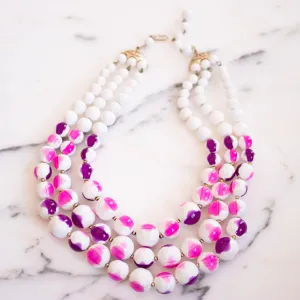 Vintage Chunky White with Pink and Purple Beaded Triple Strand Statement Necklace