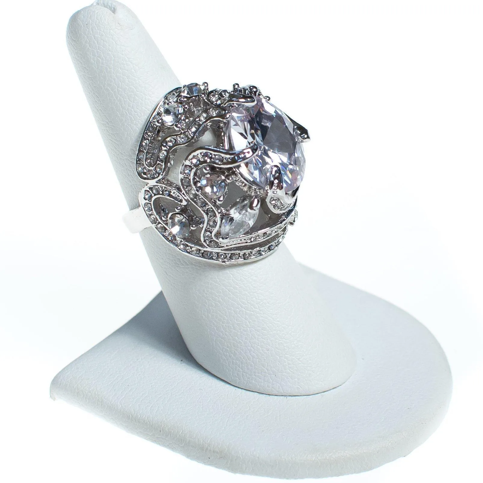 Vintage Huge Chunky Caged Crystal CZ Statement Ring set in Silver Tone