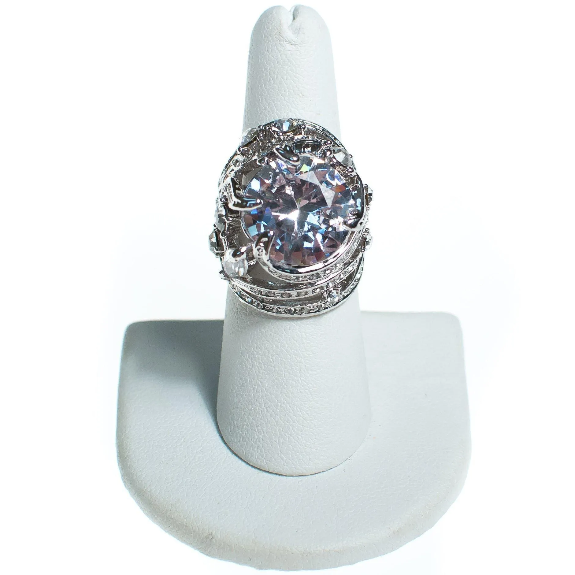 Vintage Huge Chunky Caged Crystal CZ Statement Ring set in Silver Tone