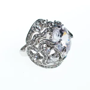 Vintage Huge Chunky Caged Crystal CZ Statement Ring set in Silver Tone