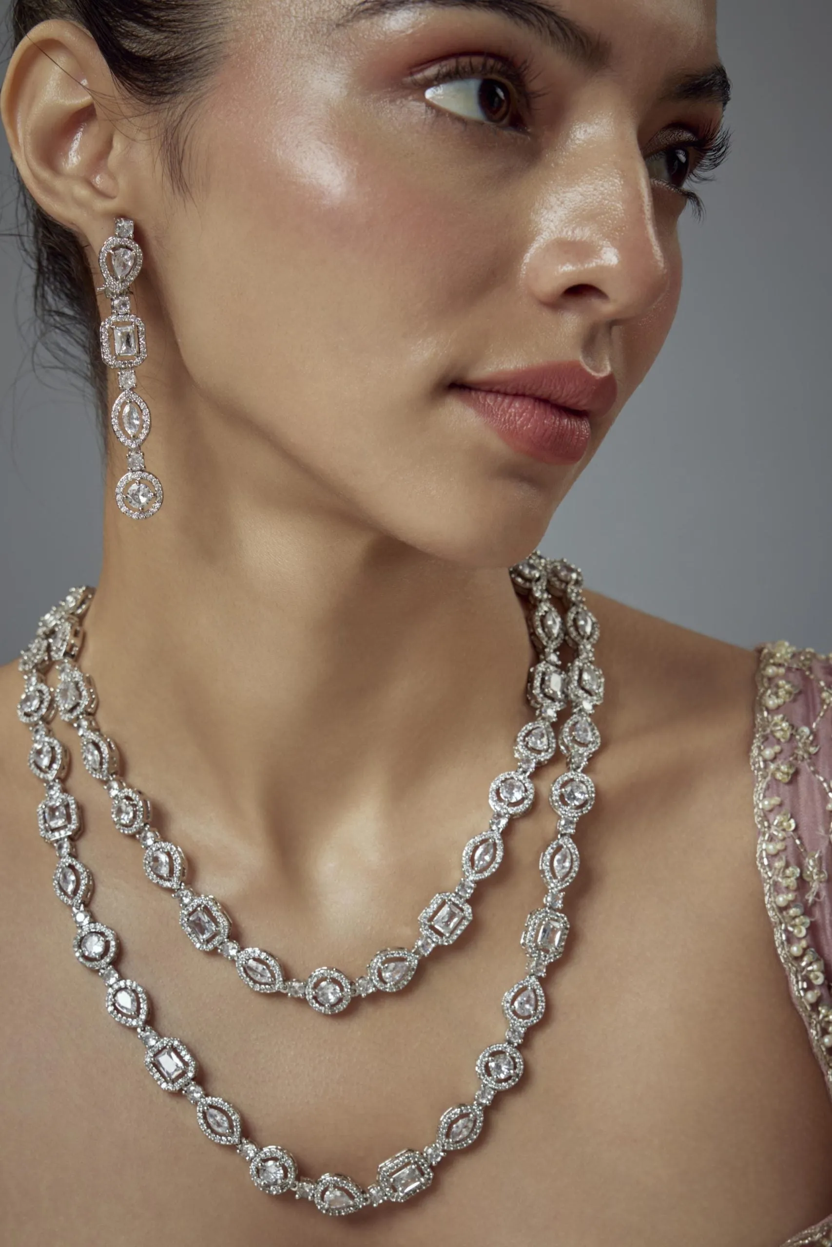 vivinia BY VIDHI MEHRA Zia Silver Plated Zircon Womens Long Necklace Set with Pair of Earrings (Freesize)