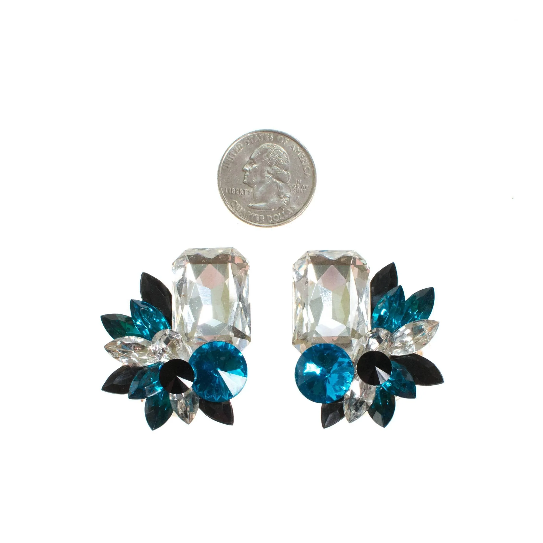 Wendy Gell Blue Black and Diamante Rhinestone Statement Earrings