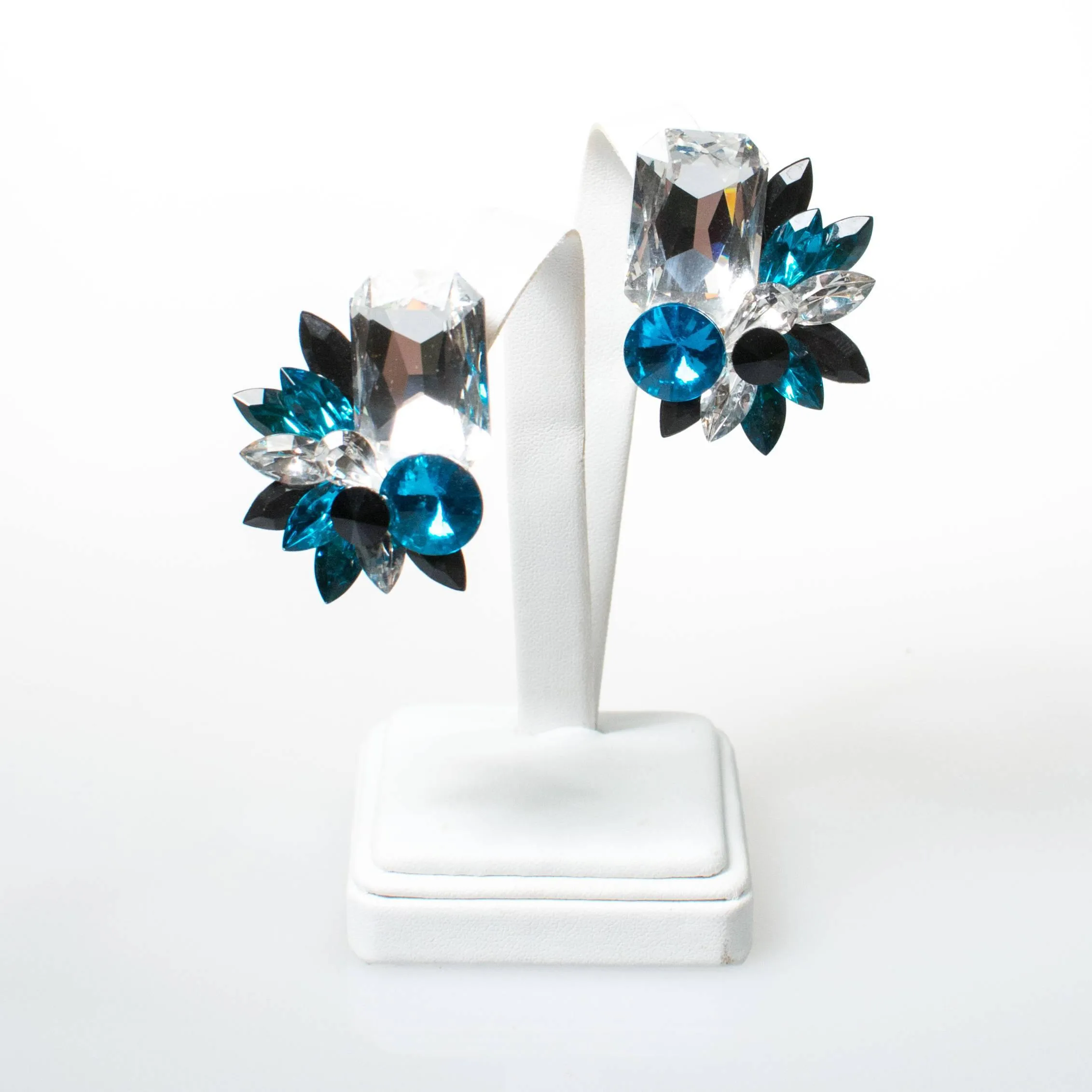 Wendy Gell Blue Black and Diamante Rhinestone Statement Earrings