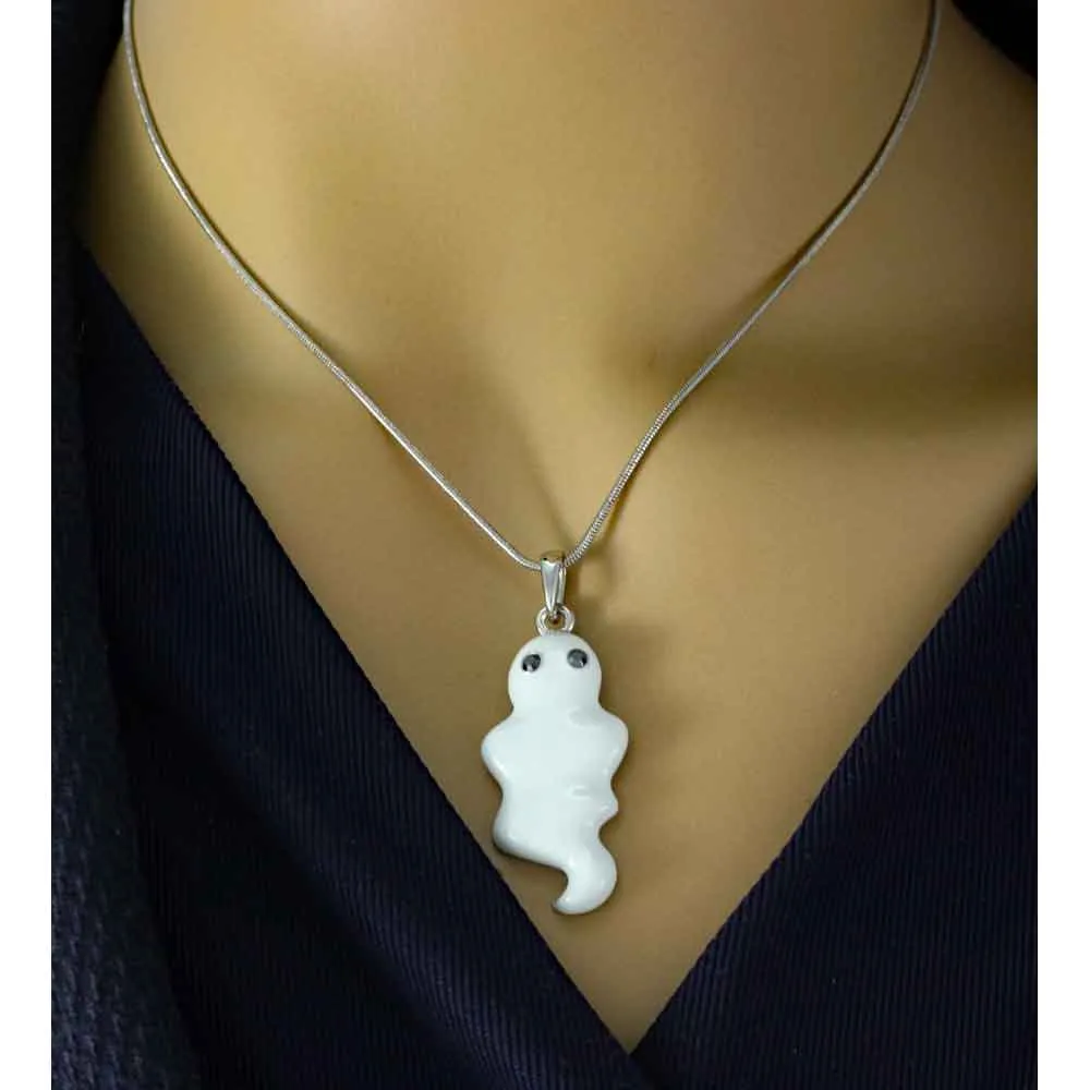 White Enamel Ghost Pendant with Silver-tone Chain - PT332