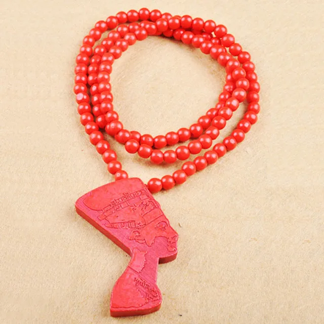 Wooden Bead Neckace with Cleopatra Pendant