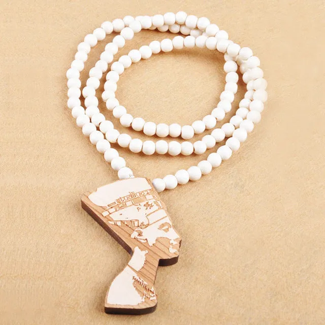 Wooden Bead Neckace with Cleopatra Pendant
