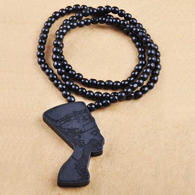 Wooden Bead Neckace with Cleopatra Pendant