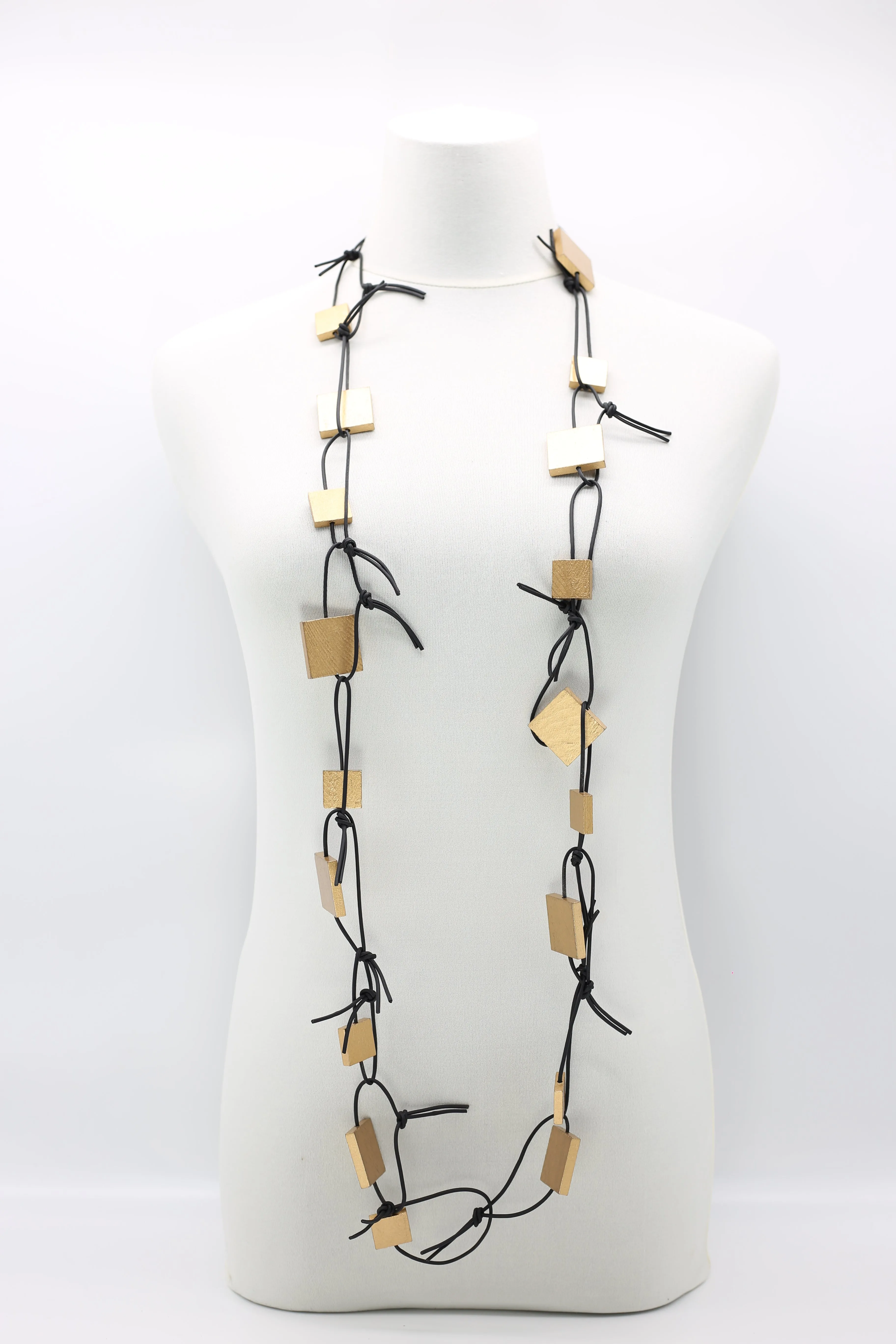 Wooden Squares on Leatherette Chain Necklaces