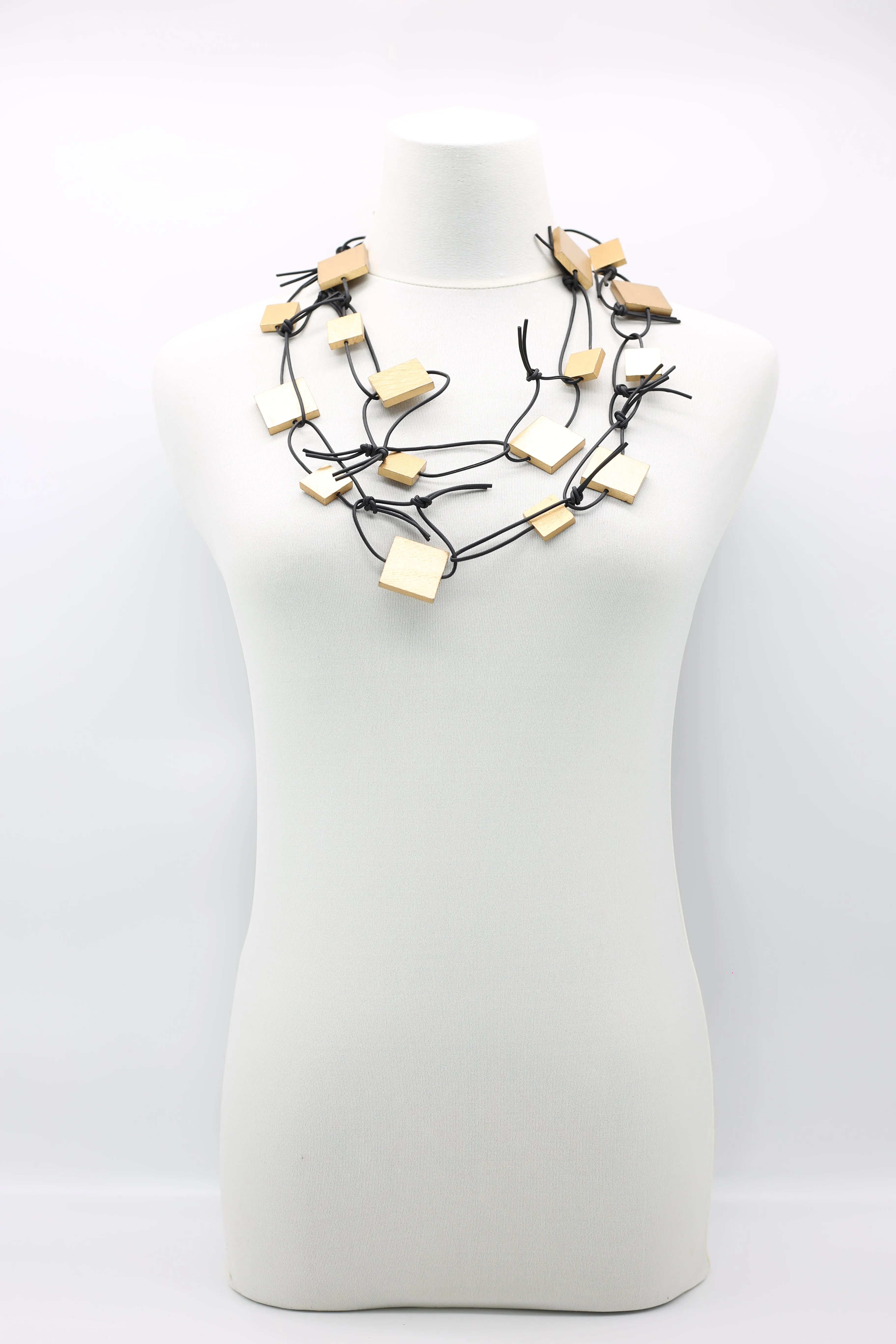 Wooden Squares on Leatherette Chain Necklaces