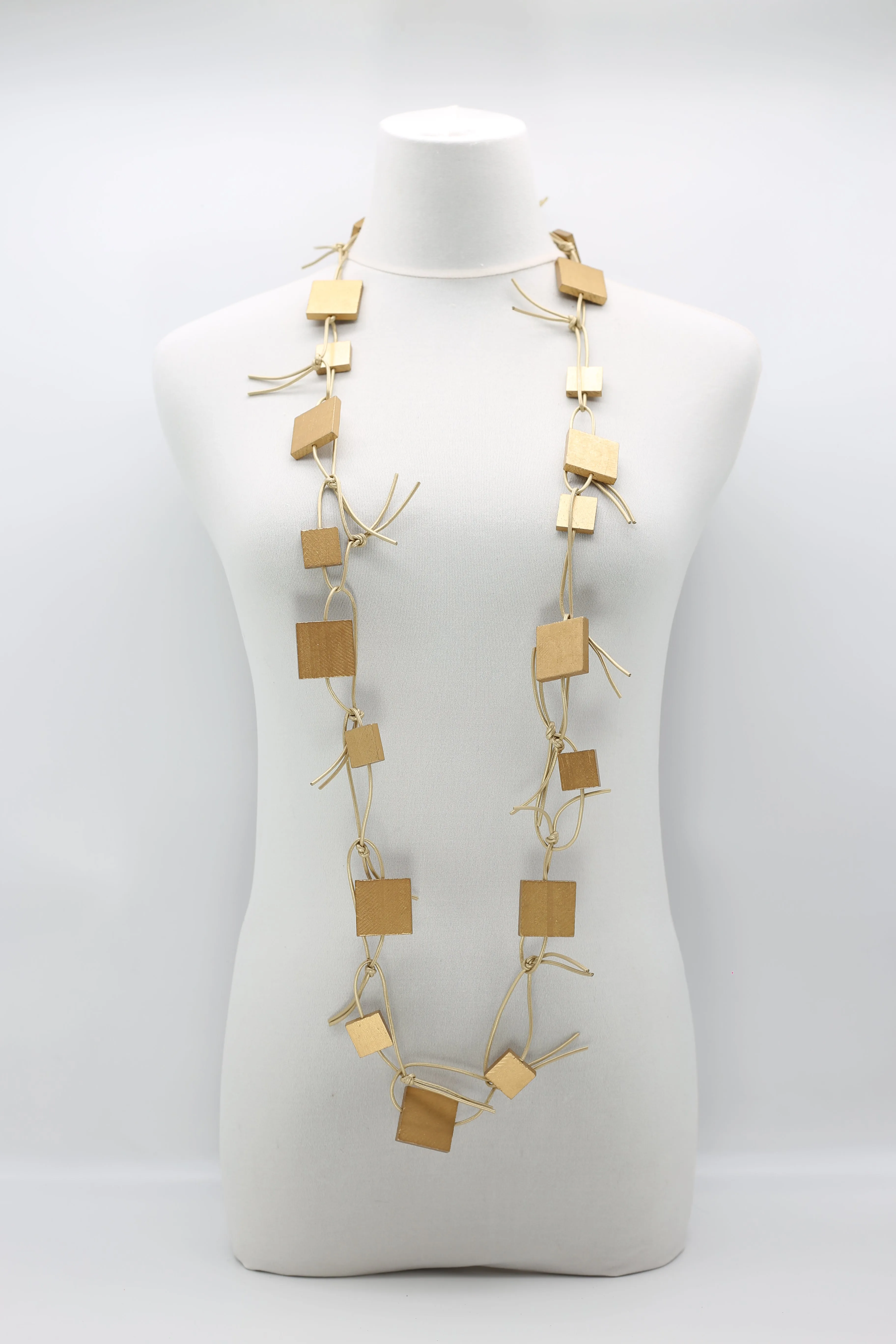 Wooden Squares on Leatherette Chain Necklaces
