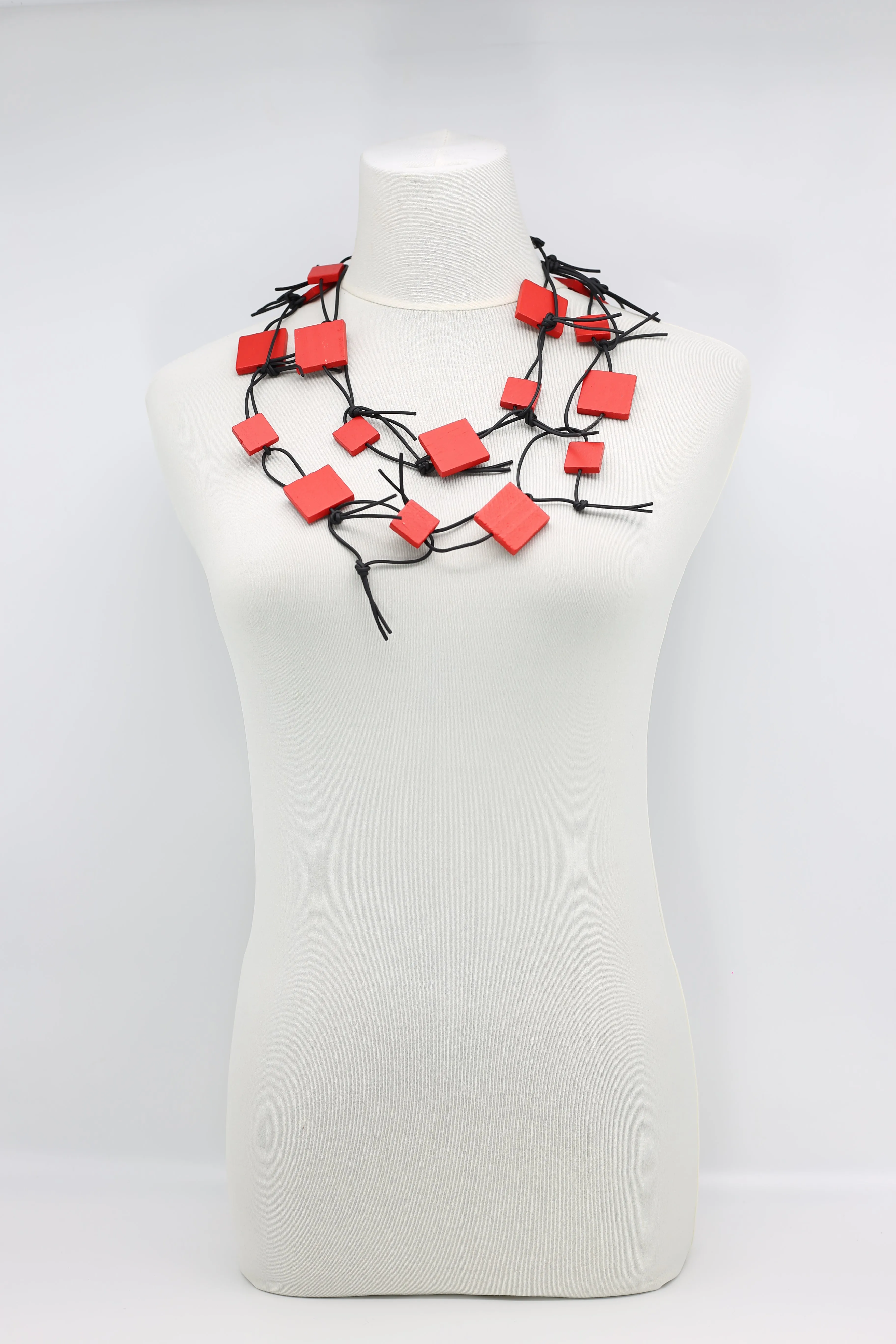 Wooden Squares on Leatherette Chain Necklaces