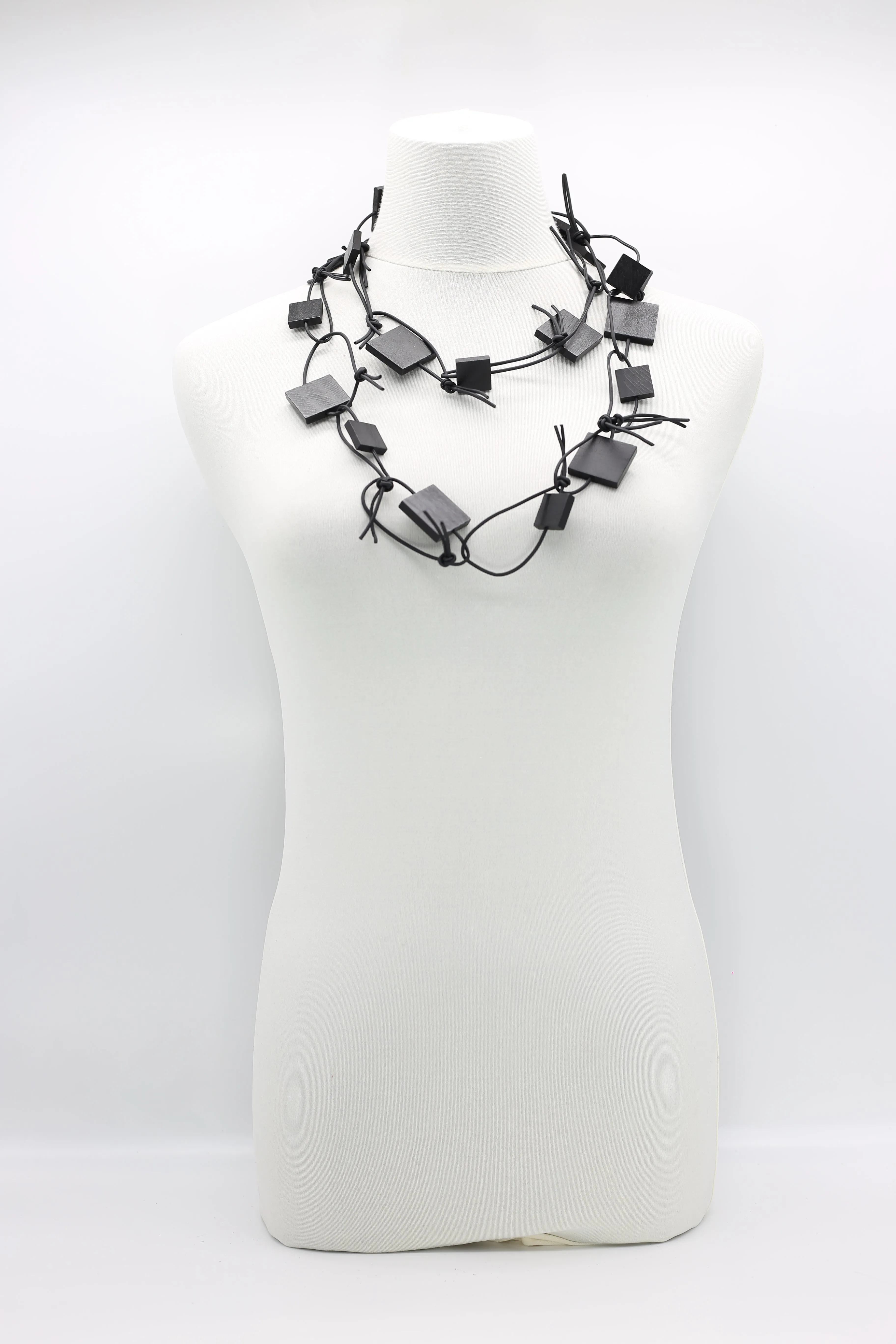 Wooden Squares on Leatherette Chain Necklaces