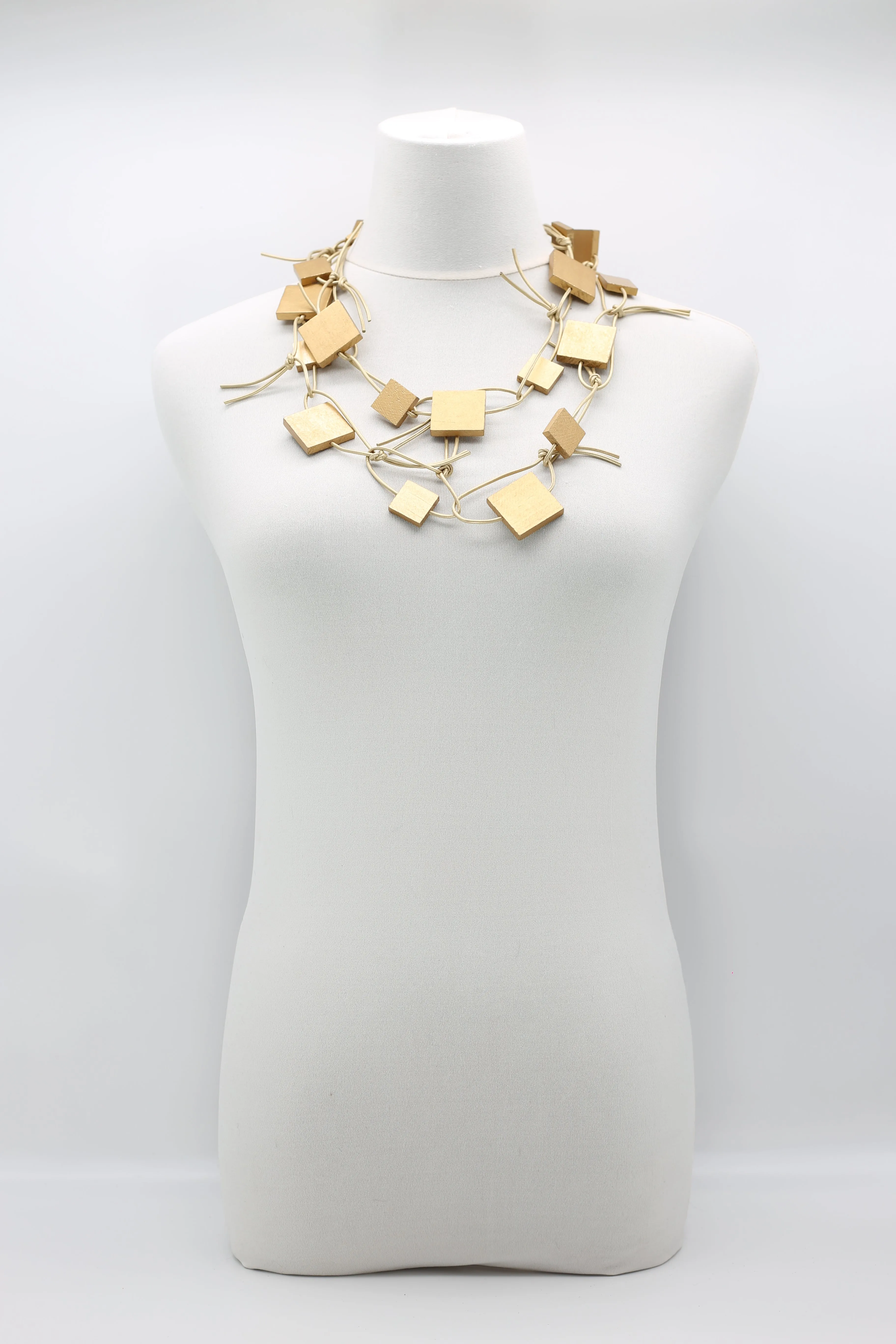 Wooden Squares on Leatherette Chain Necklaces