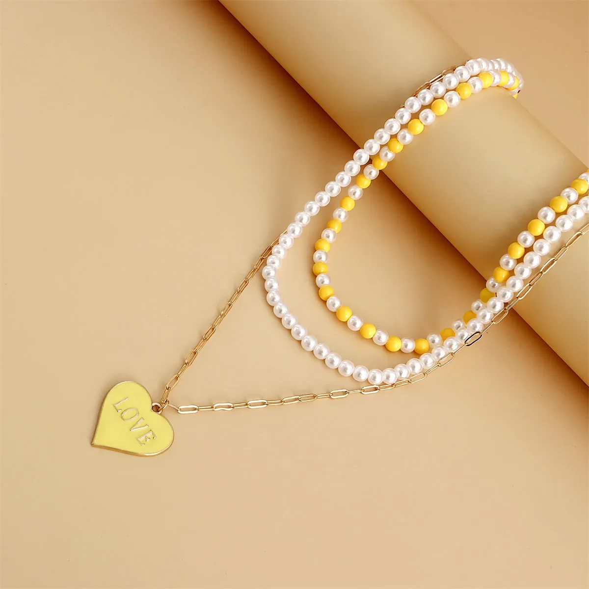 Yellow Enamel & Pearl 18K Gold-Plated Heart Pendant Necklace Set