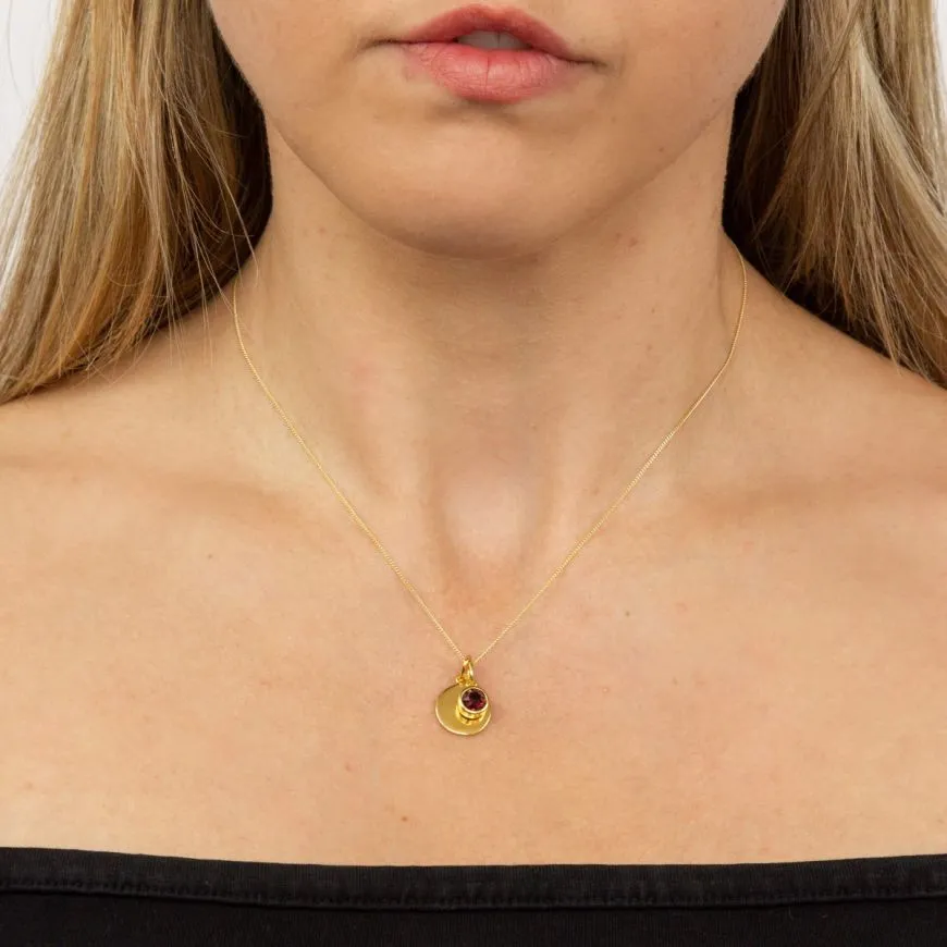 Yellow Gold Plated Sterling Silver Birthstone Round Disc Pendant Necklace